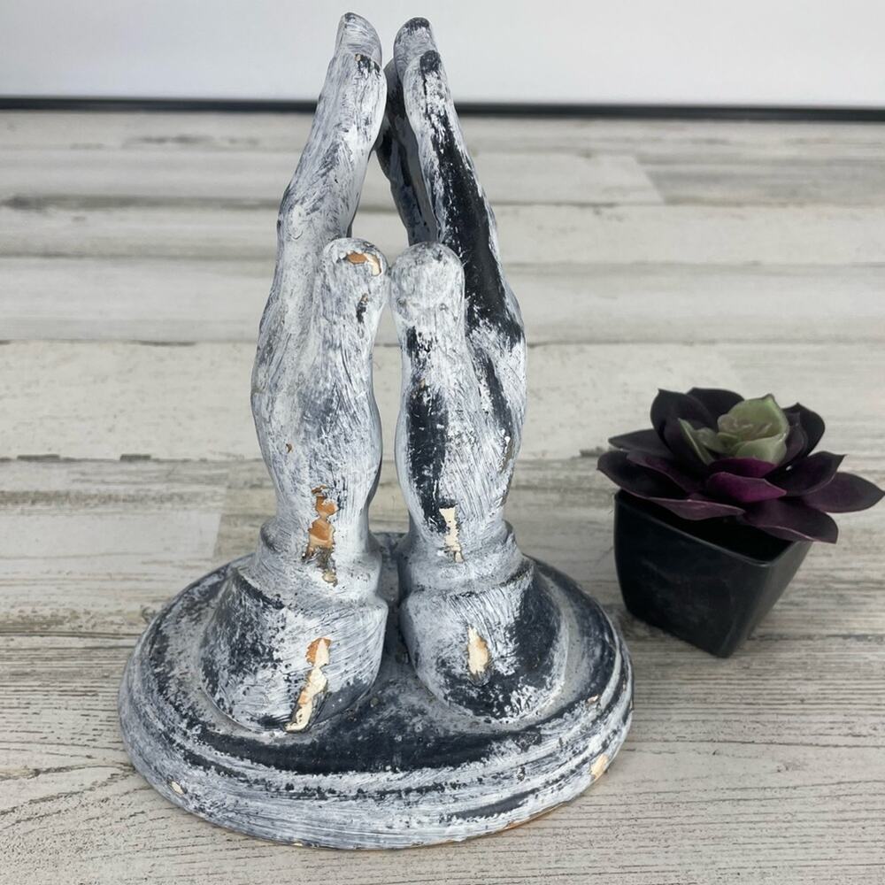 Praying Hands Distressed White Blue Ceramic Signed Vintage Decor
